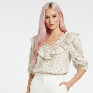 NWT Hyacinth House Romantic Ruffle Blouse Small Puff Sleeve Floral Cottagecore